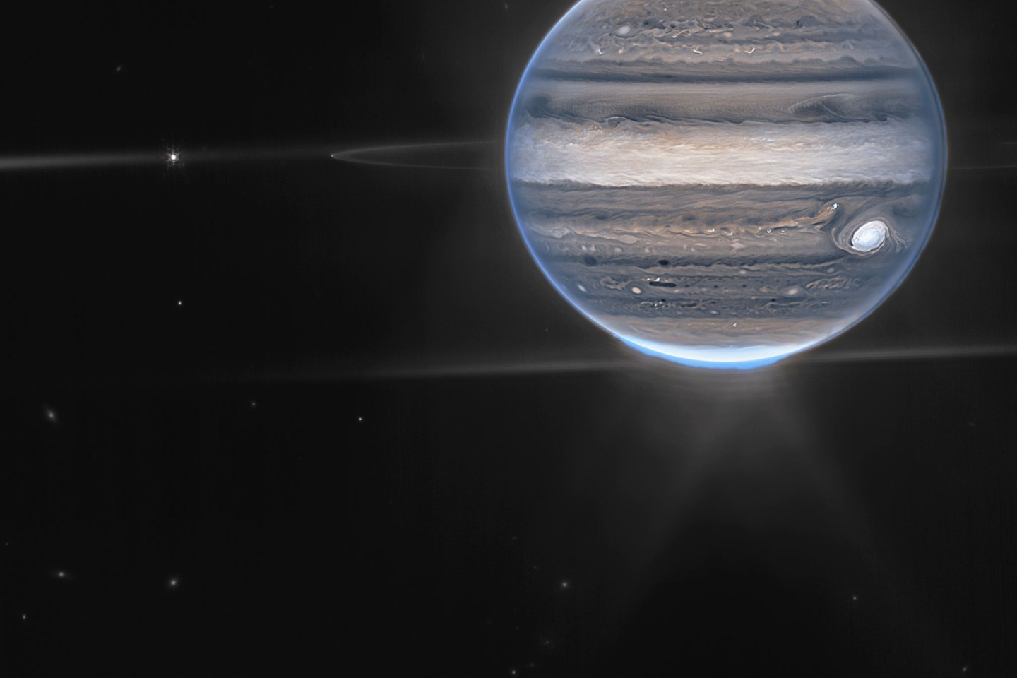Dieses von der NASA zur Verfügung gestellte Bild zeigt ein Falschfarbenkompositbild des Jupiter, das vom James Webb Space Telescope aufgenommen wurde. Die Ringe des Planeten und einige sein...