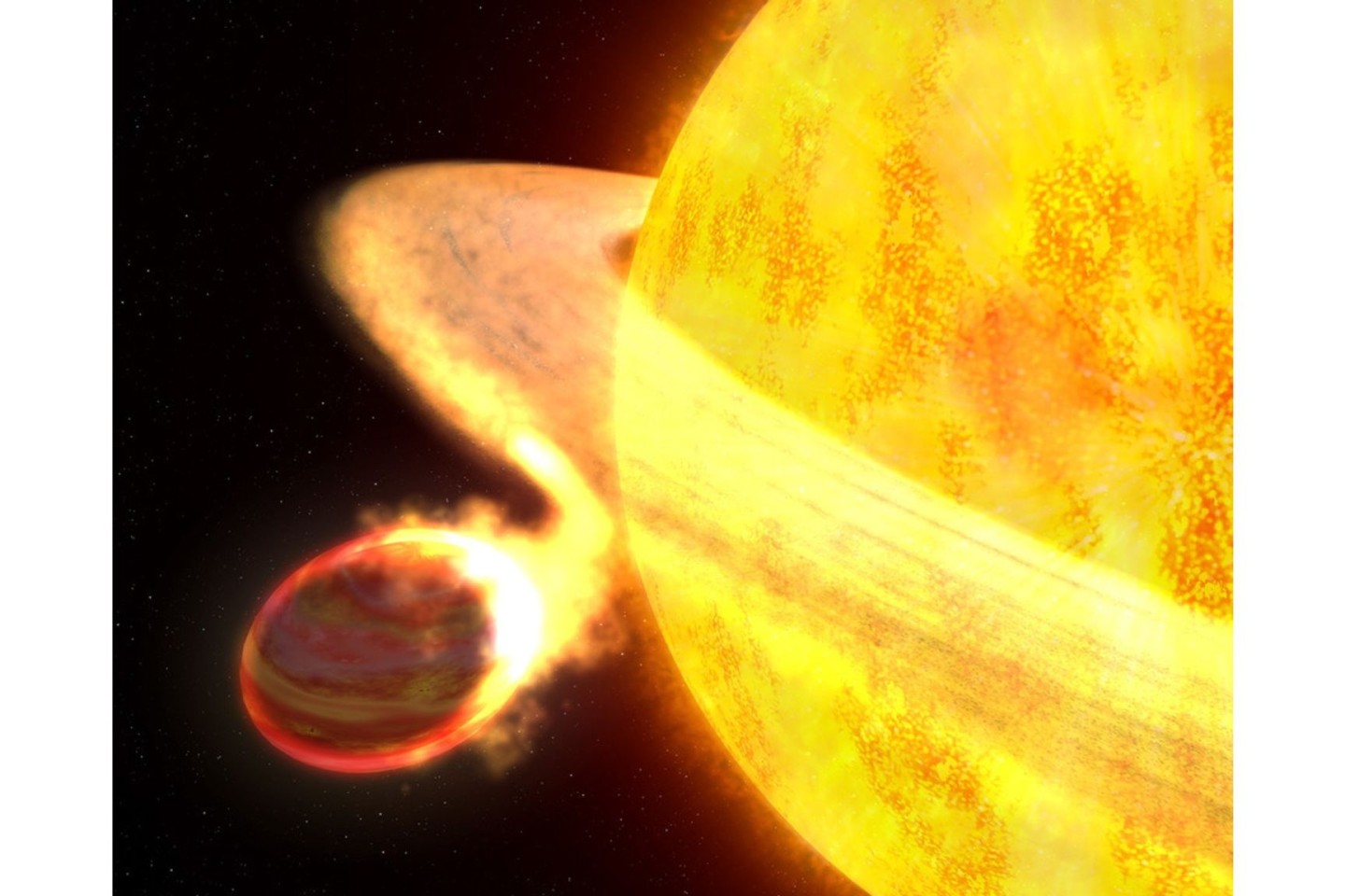 Die Illustration zeigt den Exoplaneten WASP-12b. Er ist der heißeste bekannte Planet in der Milchstraßengalaxie und möglicherweise der am kürzesten lebende.