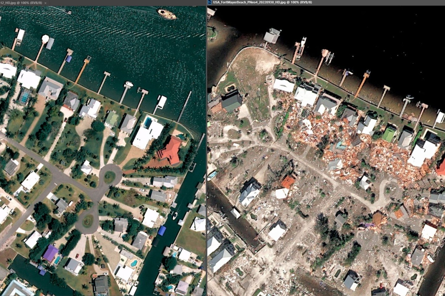 Die Aufnahme zeigt Fort Myers Beach im April und die Zerstörung nach dem Hurrikan «Ian» im September 2022.